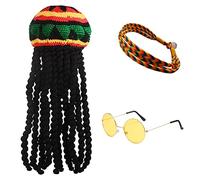 LSYYSL 1 cappello lungo intrecciato, 1 paio di occhiali e 1 braccialetto intrecciato, berretto parrucca intrecciato nero, accessori costume mascherato per feste, cosplay