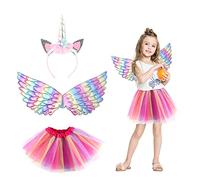 LSYYSL Abito arcobaleno in 3 pezzi dei cartoni animati, abito arcobaleno per bambini, abito da principessa a colori sfumati, set di ali d'angelo, tutù, accessori per costumi cosplay.