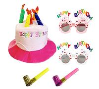 LSYYSL Cappello di compleanno multicolore con 2 bicchieri e 2 fischietti per feste, cappello a candela in peluche per adulti, travestimento per raduni