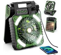 LTdlhFk Ventilatore da Campeggio Solare con Batteria Ricaricabile Integrata da 5200 mAh, Ventilatore da Esterno a Doppia Alimentazione, 4 velocità, per Uragani, Interruzioni di Corrente,Green