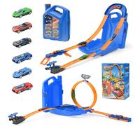 LTFIOON Pista Macchinine 2 in 1, Circuito per Bambini con 6 Auto, Piste Macchinine per Bambini, Anello e Binari a U, Set per Costruire Piste, Giocattolo Piste da Corsa per Ragazzi 3-8 Anni (Blu)