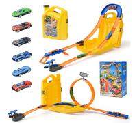 LTFIOON Pista Macchinine 2 in 1, Circuito per Bambini con 6 Auto, Piste Macchinine per Bambini, Anello e Binari a U, Set per Costruire Piste, Giocattolo Piste da Corsa per Ragazzi 3-8 Anni (Giallo)