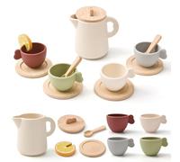 LTFIOON Servizio da Tè per Bambini in Legno Silicone, Set Cucina Giocattolo 13pcs per Giochi di Ruolo, Tisana Realistica con Teiera, Tazze Accessori, Regalo Educativo per Bambine e Bambini dai 3 Anni