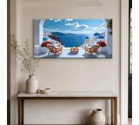 LTjiajuypd Quadro decorativo con casa bianca dal tetto blu e vista mare, paesaggio isolano, decorazione per la casa (50x100 cm)