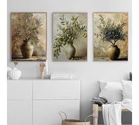 LTjiajuypd Stampa su tela con ramo d'ulivo antico mediterraneo, vaso botanico, rustico, neutro, poster da cucina, decorazione da parete per la casa (35x50 cm, 3 pezzi)