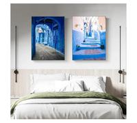 LTjiajuypd Stampe su tela Città vecchia Architettura blu Fine Marocco Decorazione Fotografia di viaggio Stampa artistica Pittura su tela Decorazione per la casa 30x40cm-2 pezzi senza cornice