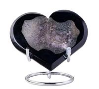 LTRAJUYNH Crystal Black Agate Geode Heart Shaped Gray Striped Agate Slice with Display Stand Home Office Desk Decorative Gifts for Women Men,100-200g