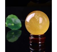 LTRAJUYNH Yellow Crystal Ball Ornaments Raw Stone Polished Citrine Quartz Crystal Sphere Ball Calcite Iceland Spar Figurine with Wood Stand,5cm/1.96in