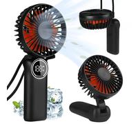 LtYioe Mini ventilatore portatile da tavolo, ricaricabile con display a LED, pieghevole a 180°, con cordino come ventilatore da collo, vento forte e 6 velocità, per Viaggi Casa Esterno Ufficio (Nero)