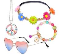 Lubibi 4 Pz Hippie Costume Set Retrò,Accessori per Costume da Hippie Anni '60 e '70 per Donne,Occhiali da Festa Hippie,Collana Pace Accessori Floreali,Bracciale per Halloween,Carnevale anni 70 80