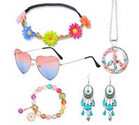 Lubibi 6 Pz Hippie Costume Set Retrò,Accessori per Costume da Hippie Anni '60 e '70 per Donne,Occhiali da Festa Hippie,Collana Pace Accessori Floreali,Bracciale per Halloween,Carnevale anni 70 80