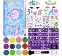 Lubibi Kit Di Tatuaggi Glitterati Tatuaggio Temporaneo,12 Colori Glitter con 57 Stencil,Modello di sirena farfalla,tatuaggio luminoso per Bambini Adulti Festa Carnevale Regalo Ragazzo Ragazza