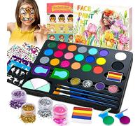 Lubibi Trucchi Viso Bambini Kit, 21 Colori Pittura Corpo Face Painting Tavolozza Con 3 Pennelli, 28 Modelli, Glitter, Pietre Preziose, Halloween, Pasqua, Carnevale, Cosplay Set Trucco per Bambini