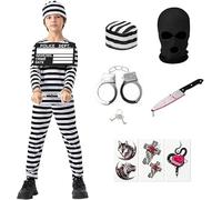 Lubolee Costume di Carcerato per Bambini, Costume da Carnevale per Bambini Piccoli con Uniforme di Prigione, Targa di Identificazione Numerica, Manette, Pugnale, Cappellino e Adesivi (110)