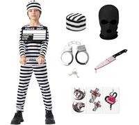 Lubolee Costume di Carcerato per Bambini, Costume da Carnevale per Bambini Piccoli con Uniforme di Prigione, Targa di Identificazione Numerica, Manette, Pugnale, Cappellino e Adesivi (130)