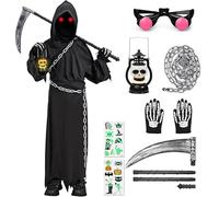 Lubolee Costume Halloween Bambino, Set di Costumi Halloween Morte per Bambini con Lanterna a Cranio, Catena, Falce e Occhiali Luminosi,Vestito Halloween Bambino da 4-12 Anni (4-5 anni)