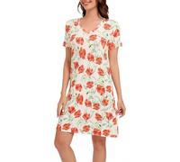 LUBOT Camicia da notte da donna in bambù, leggera a maniche corte con scollo a V, comoda abbigliamento da notte e da salotto per l'estate, taglie S-4XL, Amapola, XXL