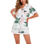 LUBOT Pigiama da Donna in 100% Cotone, Maniche Estate Corto, con Bottoni, pygama in Due Pezzi per Donna, Abbigliamento da Notte da S a XXL, Piante Tropicali, L