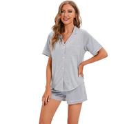 LUBOT Pigiama da Donna in 100% Cotone, Maniche Estate Corto, con Bottoni, pygama in Due Pezzi per Donna, Abbigliamento da Notte da S a XXL, Grigio Chiaro, L