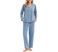 LUBOT Pigiama da Donna in 100% Cotone, Maniche Inverno Lungho, con Bottoni, pygama in Due Pezzi per Donna, Abbigliamento da Notte da S a XXL, Blu Nebbia, S