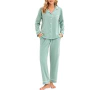 LUBOT Pigiama da Donna in 100% Cotone, Maniche Inverno Lungho, con Bottoni, pygama in Due Pezzi per Donna, Abbigliamento da Notte da S a XXL, Verde, M