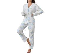 LUBOT Pigiama da Donna in 100% Cotone, Maniche Inverno Lungho, con Bottoni, pygama in Due Pezzi per Donna, Abbigliamento da Notte da S a XXL, Ortensia, L