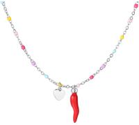 Luca Barra COLLANA BAMBINA IN ACCIAIO CON CORNO ROSSO, CUORE SILVER ED ELEMENTI MULTICOLOR