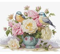 Luca-S Kit per punto croce, per adulti, kit per ricamo a punto croce, vaso con rose e uccelli, B7038