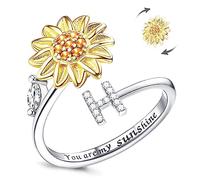 LucBuy Anelli Antistress per Donna, Anello Girevole in Argento con Lettera e Girasole in Zirconi Cubici, Anello Regolabile e Impilabile, con Incisione You Are My Sunshine All'interno Gioielli(H)