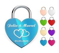 Lucchetto a forma di cuore con incisione - Lucchetto dell'amore personalizzato in blu - Personalizzato con nome, data e motivo - Regalo romantico per matrimonio, San Valentino e coppie