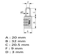 Viro | Lucchetto per valigie e armadietti a Combinazione Variabile con 3 Combinatori, Base 20mm, Nero Cromato