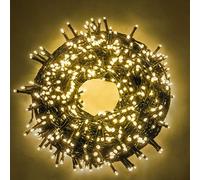 Luccika stringa natalizia con luci a led su cavo verde per uso interno ed esterno controller 31V con 8 giochi di luce e memoria (Bianco Caldo, 9 Metri con 180 Led)