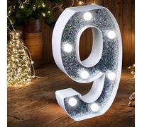 Luce a LED con Numero - Numero Luminoso Argento con Glitter Perfetto da Usare come Luce Notturna o per Decorazione di Matrimonio, Festa di Compleanno, Casa (Numero 9)