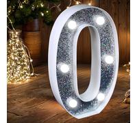 Luce a LED con numero - Segnale di luci di numero con glitter argentati che si illuminano, perfetta da usare come luce notturna o per matrimoni, feste di compleanno, decorazione della casa (numero 0)