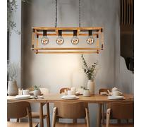 Luce a Sospensione Lampada di Legno 4 Fiamma Corda Canapa Metallo Nero LED