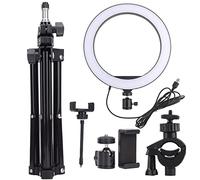 Luce ad anello a LED da 10 pollici con regolazione della luminosità e alimentazione USB, lampada da fotografia con clip per telefono, treppiede pieghevole, 3 colori di