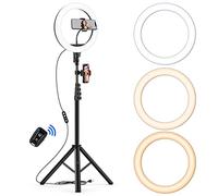 Luce ad anello con treppiedi, 10,2 pollici LED per selfie con 3 colori e 10 livelli di luminosità, telecomando e supporto per cellulare per trucchi, streaming, YouTube, Tiktok, Vlog e fotografia
