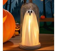 Luce decorativa a forma di fantasma di Halloween, con luce in vetro con base in legno, decorazioni di Halloween per interni, simpatico fantasma con luce per decorazioni per la casa e le vacanze