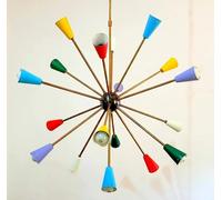 Luce moderna in ottone grande italiana multicolore metà secolo dipinta decora...