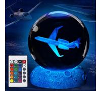 Luce notturna a forma di aereo, regalo per l'aviazione, con sfera di cristallo 3D, luce notturna con telecomando, 8,9 cm, lampade pilota con 16 colori, per compleanno, Natale, fantastiche statuette,