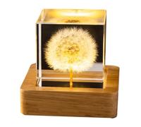 Luce notturna a forma di fiore con sfera di cristallo 3D, 6,1 cm, con base in legno a LED, decorazione regalo per uomini, donne, bambini, ragazzi e ragazze (dente di leone quadrato)