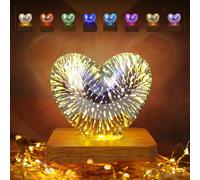 Luce notturna a LED effetto stella 3D con paralume in vetro a forma di cuore, ricarica USB, con base a venature del legno, decorazione per San Valentino