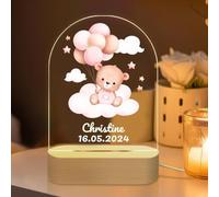 Luce Notturna Bambini Personalizzata, Lampada Personalizzata con Nome per Bambina, Regalo Neonata Femmina Nascita Bimba, Compleanno Idea Regalo Battesimo Natale, Arcobaleno, Orso rosa