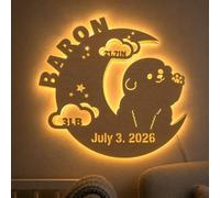 Luce Notturna in Legno Personalizzata per Neonati con Nome Dati di Nascita | Lampada Personalizzabile forma di Luna e Cane, Ideale per Decorare la Cameretta del Bambino, Regalo Battesimo Bimbo e Bimba