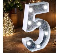 Luce Numero LED - Numero Luminoso Argento con Glitter Perfetto per Uso come Luce Notturna o per Decorazione di Matrimonio, Festa di Compleanno, Casa (Numero 5)