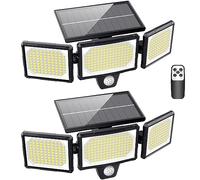 Luce solare esterna con sensore di movimento, per giardino, 304 LED, 3 modalità, faretto solare esterno con telecomando, IP65, impermeabile, grande angolo solare, illuminazione da parete, 2 pezzi