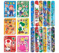 Luchild 24 pensierini per il compleanno dei bambini, Ma- Rio, set di giocattoli con 12 adesivi fai da te, 12 braccialetti a scatto per regalo per Bros Give Aways bambini, super compleanno, decorazione