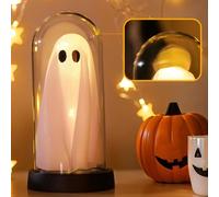 Luci decorative a forma di fantasma di Halloween, per interni, illuminate in una cloche di vetro, fantasma illuminato, decorazione di Halloween con un cappello trasparente a cloche