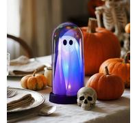 Luci decorative a forma di fantasma di Halloween, per interni, illuminate in una cloche di vetro, fantasma illuminato, decorazione di Halloween con un cappello trasparente a cloche