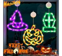 Luci Halloween Zucca, 3 PCS Stringa LED, Cappello da Strega, Pietra Tombale, Tenda Luminosa Con Ventosa - Decorazioni per Feste Interni Esterni